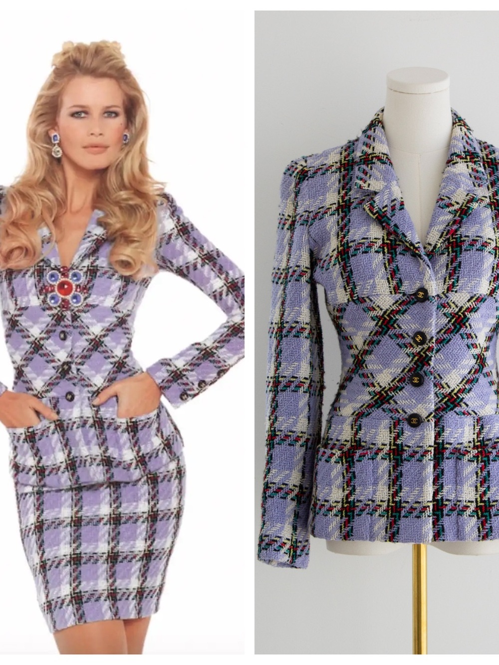 Chanel Vintage Spring/Summer 1995 Lavender Multicolor Plaid Tweed 95P Jacket